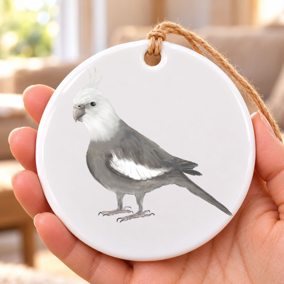 White Faced Cockatiel Ceramic Ornament - MerikaArt
