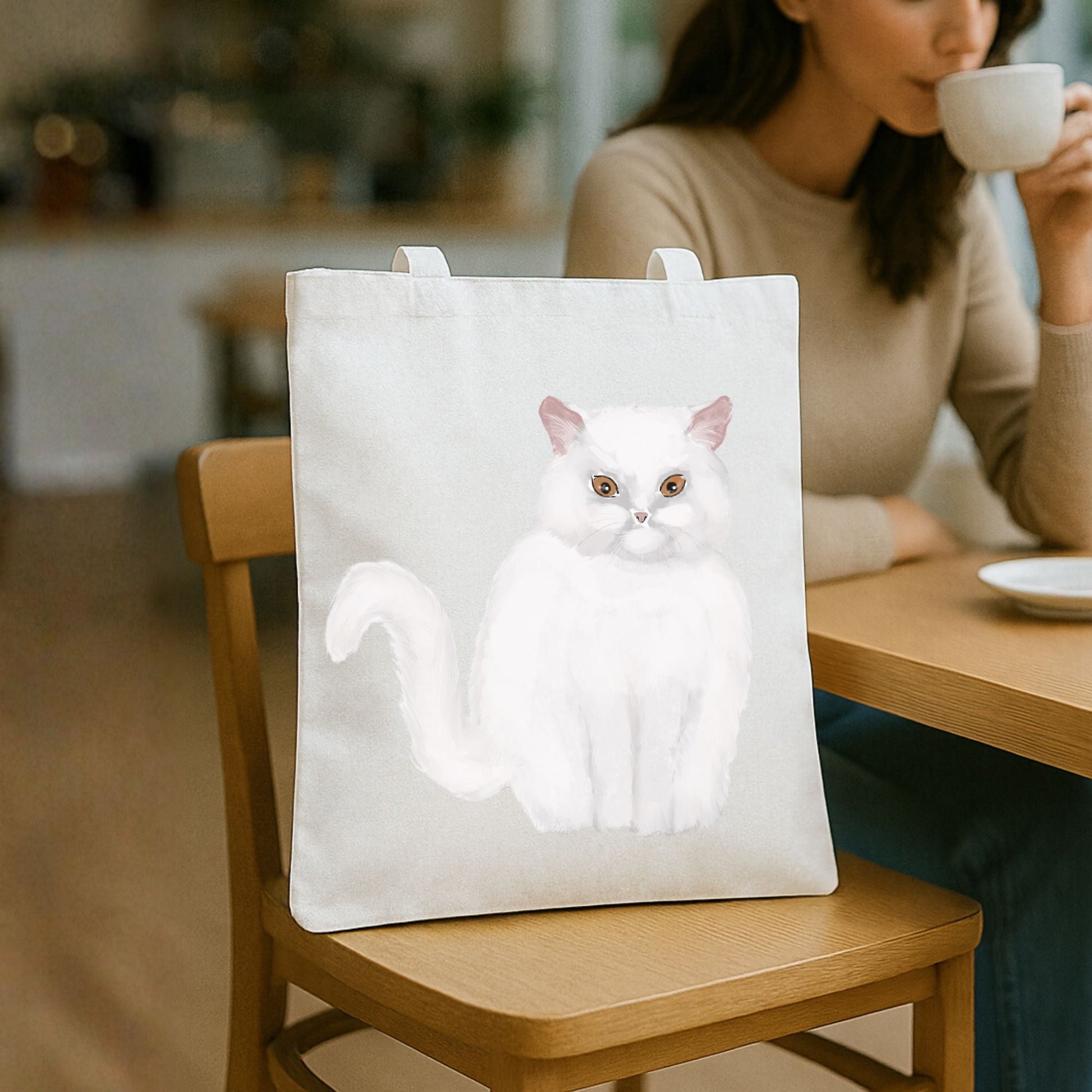 White Fluffy Cat Illustration Canvas Tote Bag - MerikaArt