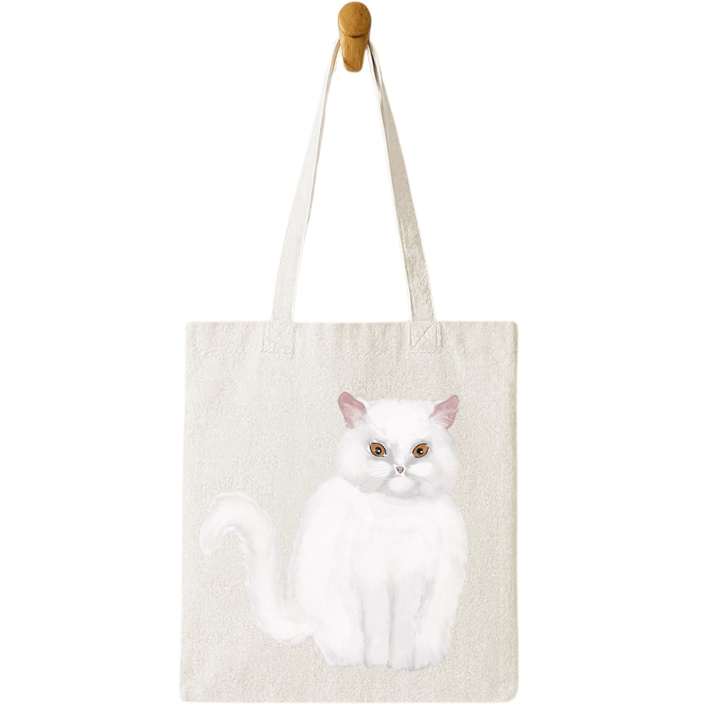 White Fluffy Cat Illustration Canvas Tote Bag - MerikaArt