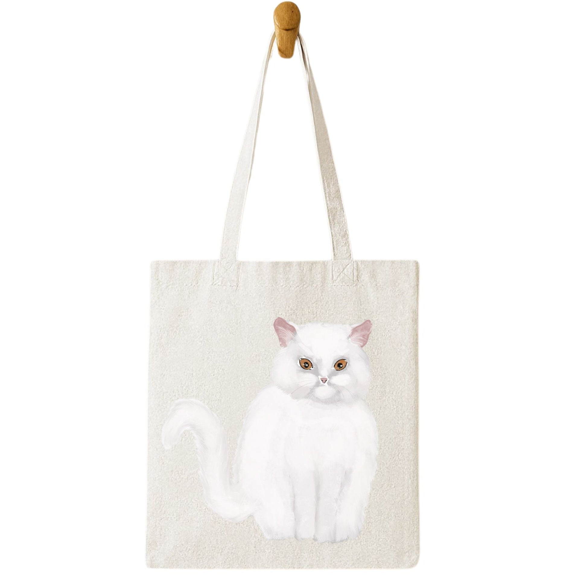 White Fluffy Cat Illustration Canvas Tote Bag - MerikaArt