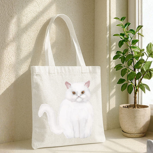 White Fluffy Cat Illustration Canvas Tote Bag - MerikaArt