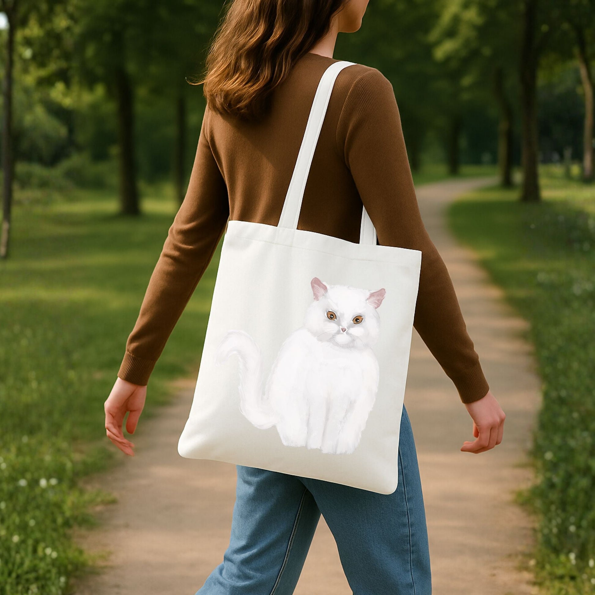 White Fluffy Cat Illustration Canvas Tote Bag - MerikaArt