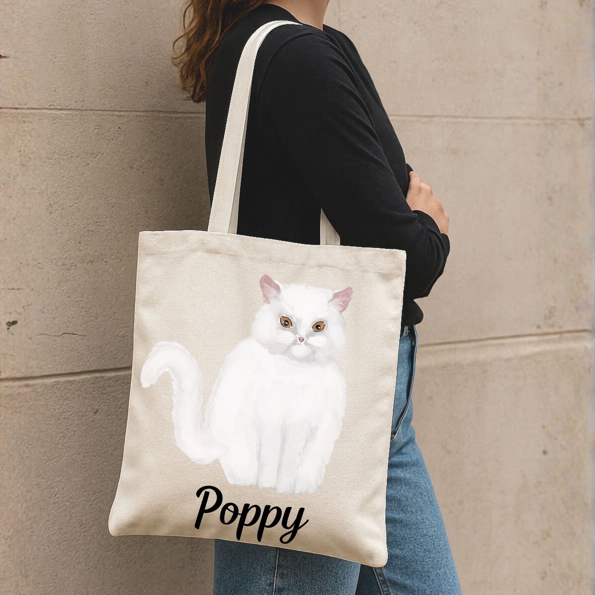 White Fluffy Cat Illustration Canvas Tote Bag - MerikaArt
