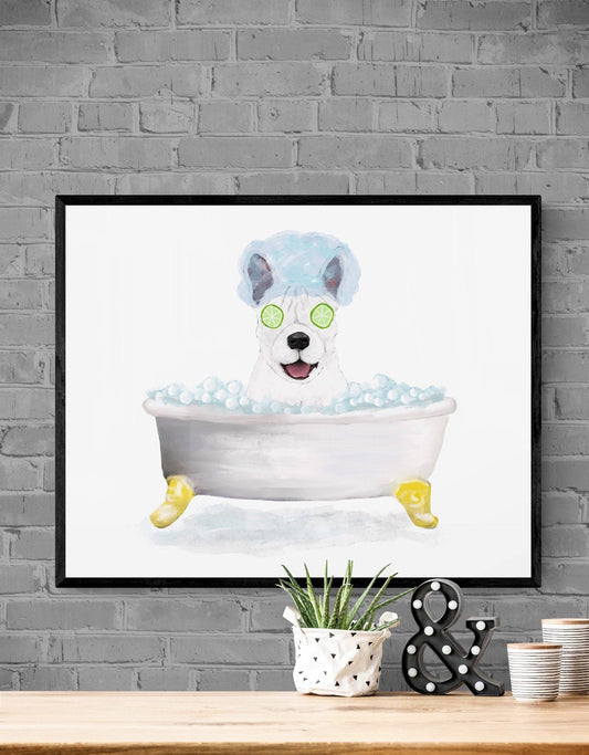 White French Bulldog Bathing Print, French Bulldog In Bathtub, Bathroom Wall Art, Dog Painting, Dog Relaxing In Bath Print, Dog Lover - MerikaArt