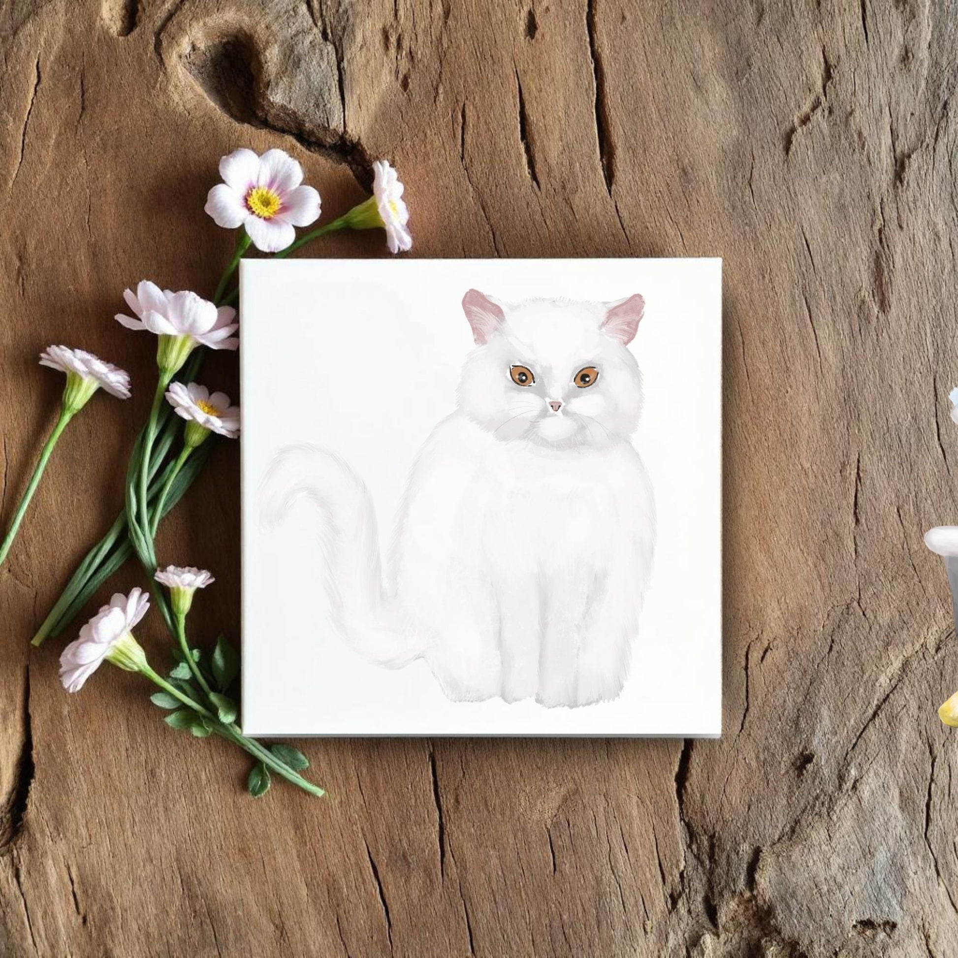 White Long - Haired Cat Ceramic Tile - MerikaArt