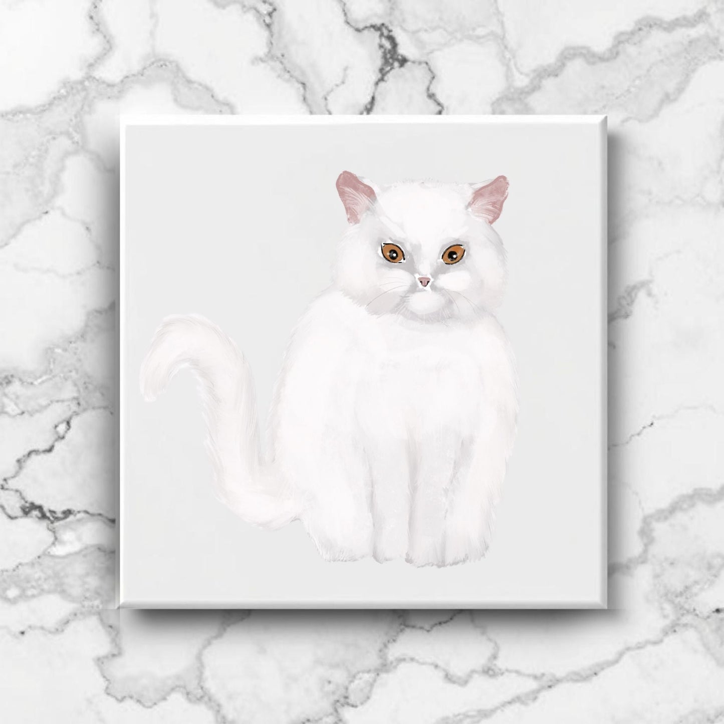 White Long - Haired Cat Ceramic Tile - MerikaArt