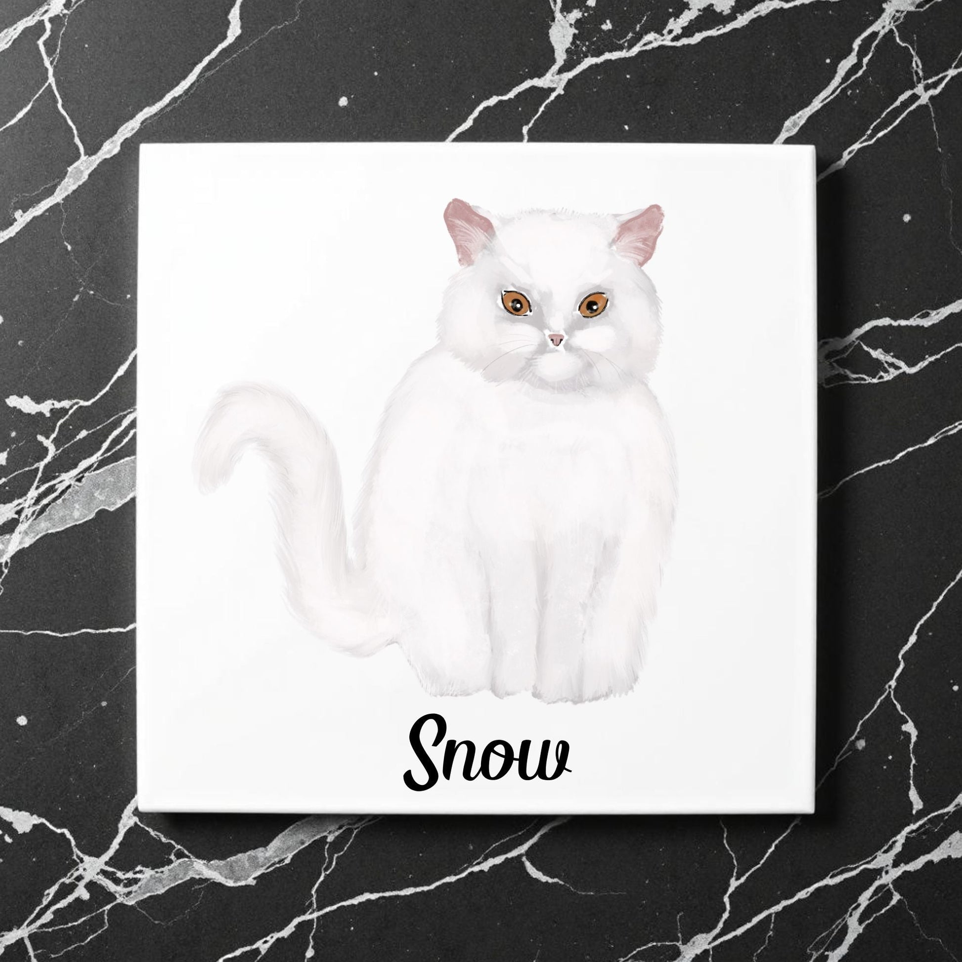 White Long - Haired Cat Ceramic Tile - MerikaArt