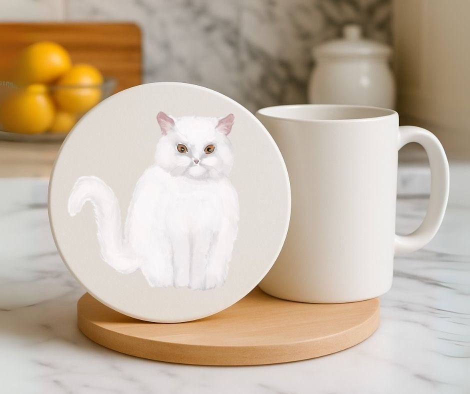 White Longhair Cat Ceramic Coaster - MerikaArt