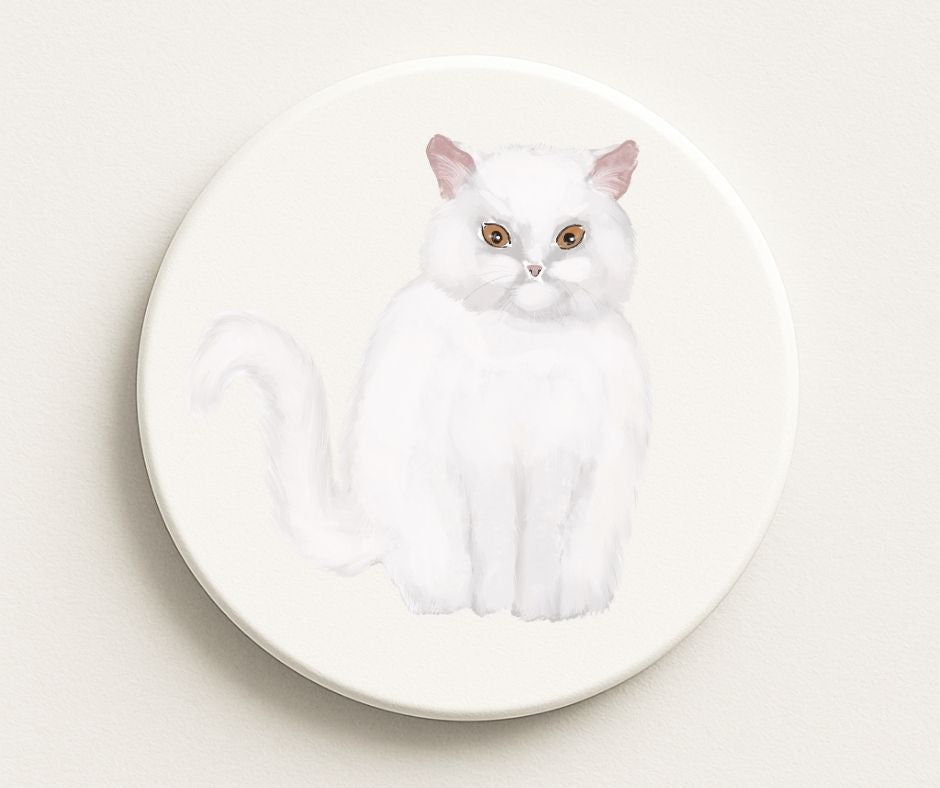 White Longhair Cat Ceramic Coaster - MerikaArt