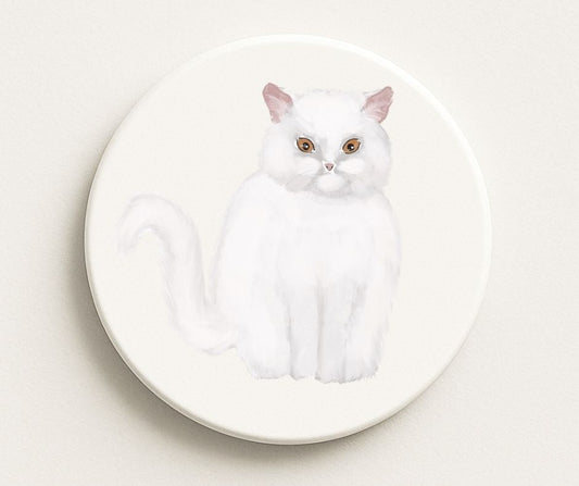 White Longhair Cat Ceramic Coaster - MerikaArt