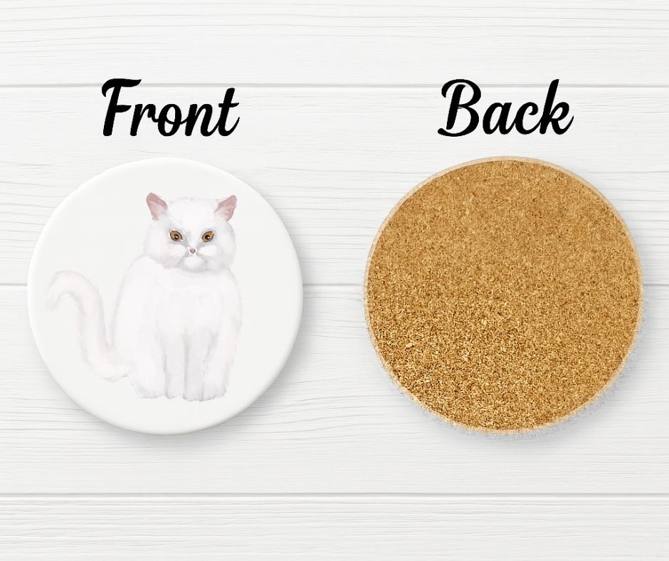 White Longhair Cat Ceramic Coaster - MerikaArt