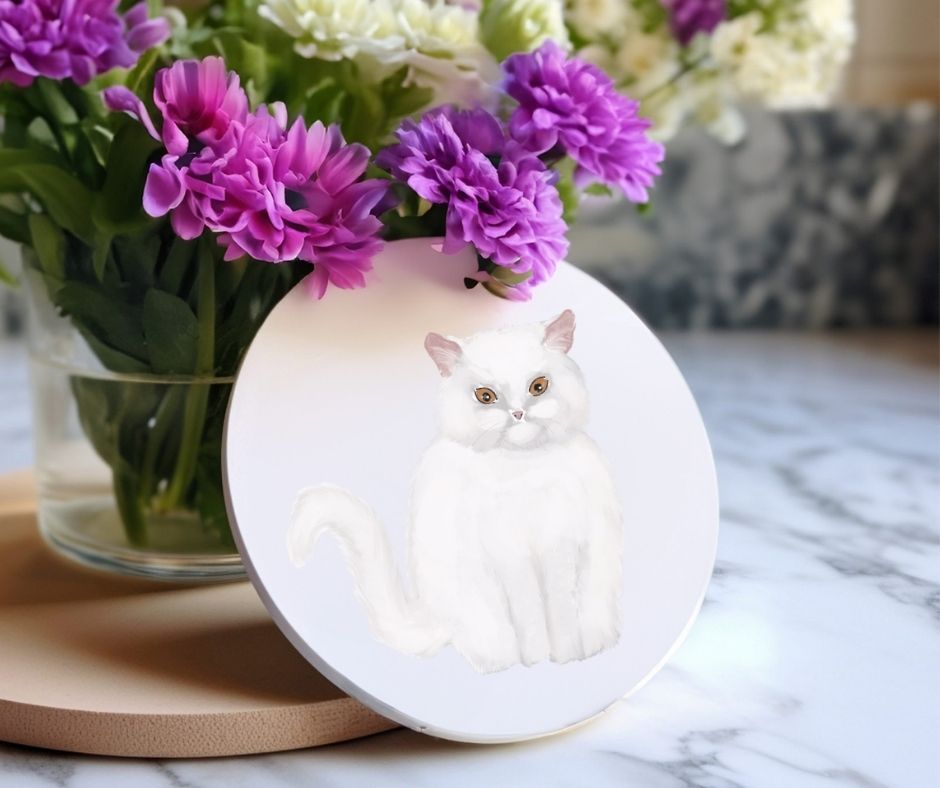 White Longhair Cat Ceramic Coaster - MerikaArt