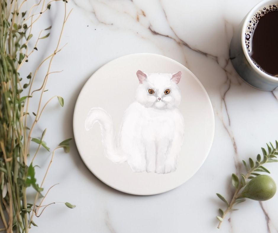 White Longhair Cat Ceramic Coaster - MerikaArt