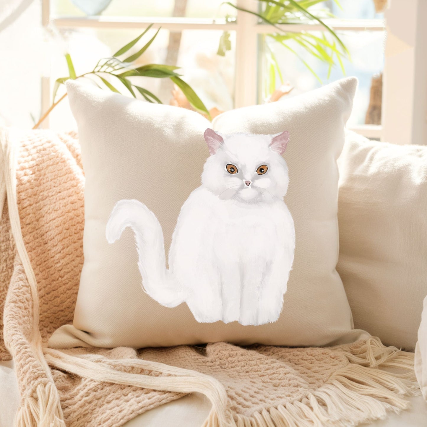 White Longhair Cat Pillow - MerikaArt