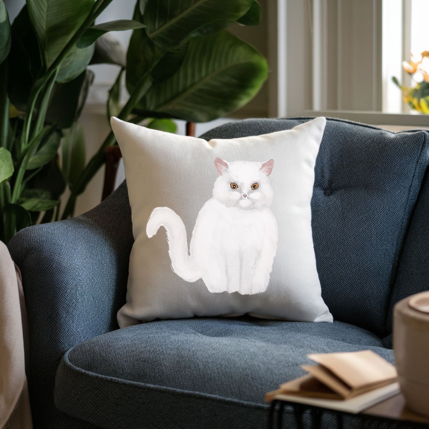 White Longhair Cat Pillow - MerikaArt