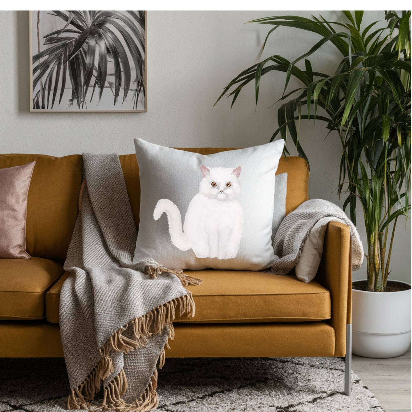 White Longhair Cat Pillow - MerikaArt