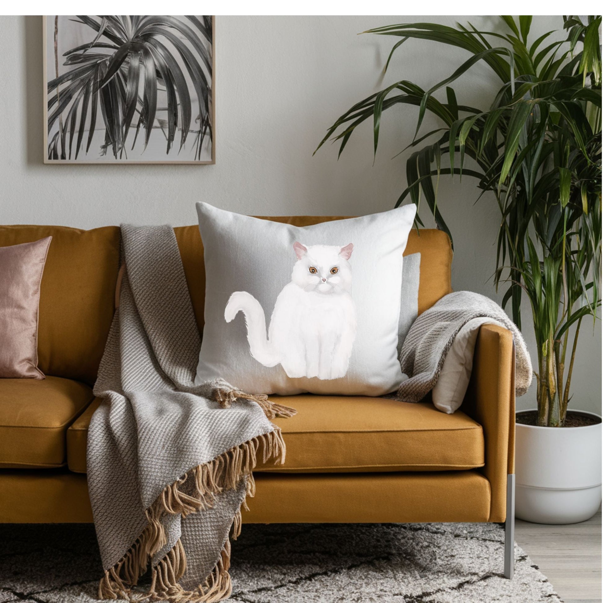 White Longhair Cat Pillow - MerikaArt