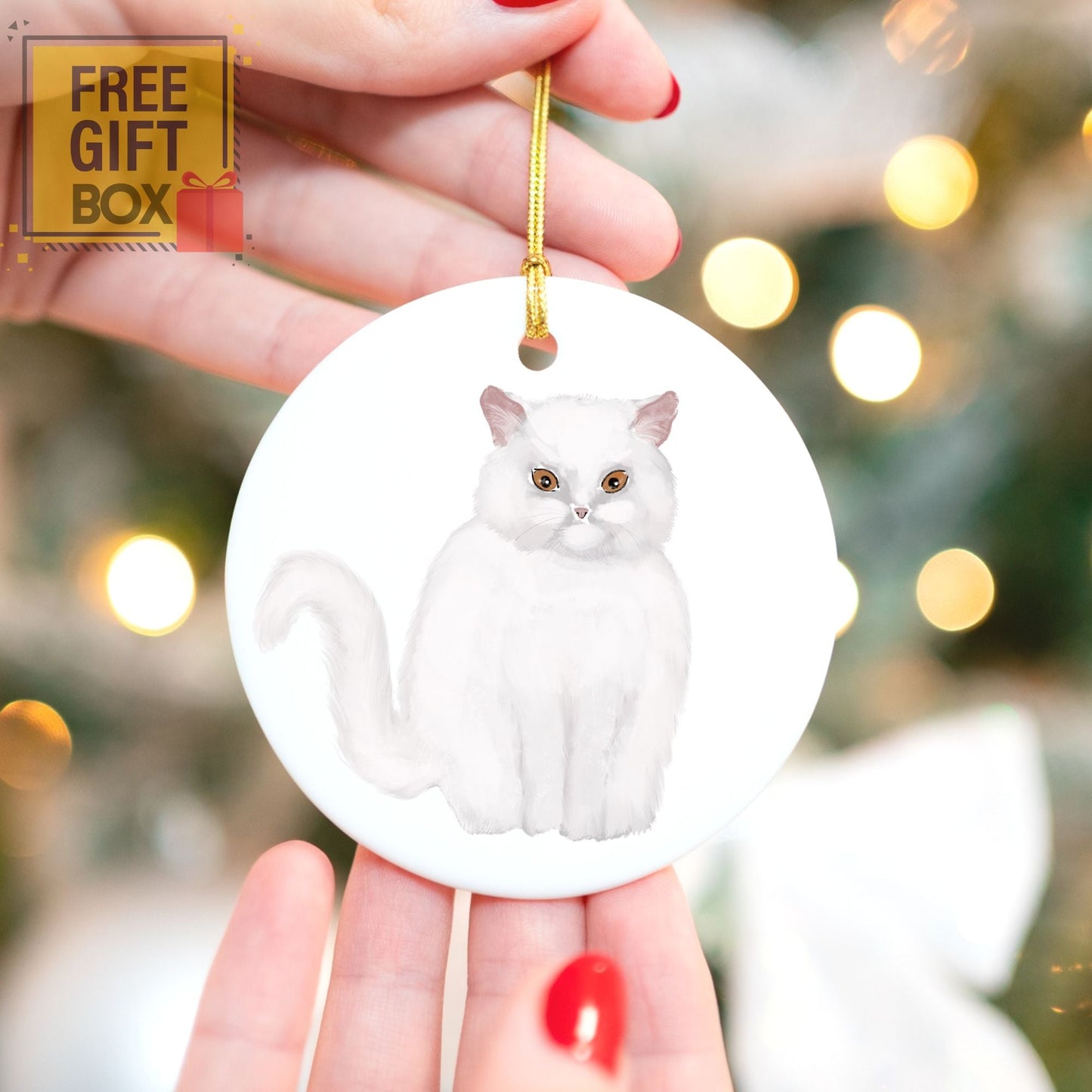 White Persian Cat Ceramic Ornament - MerikaArt