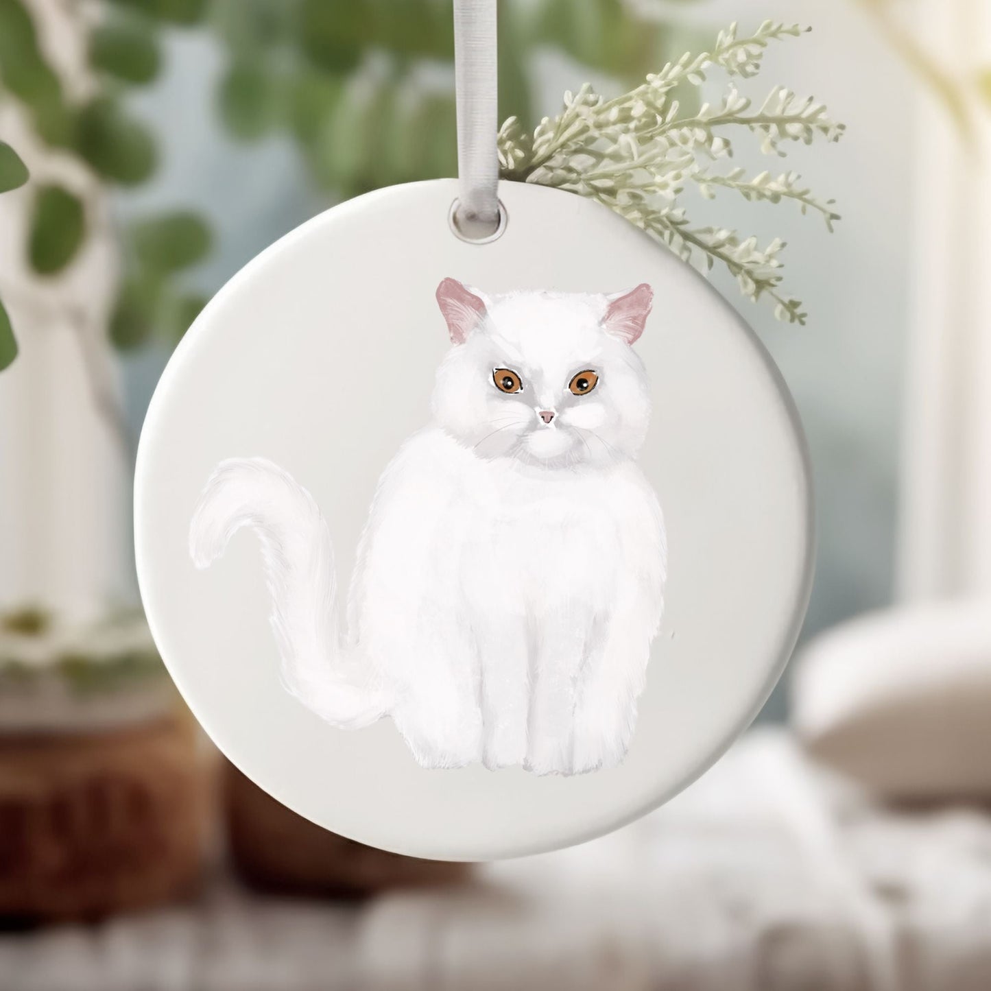 White Persian Cat Ceramic Ornament - MerikaArt