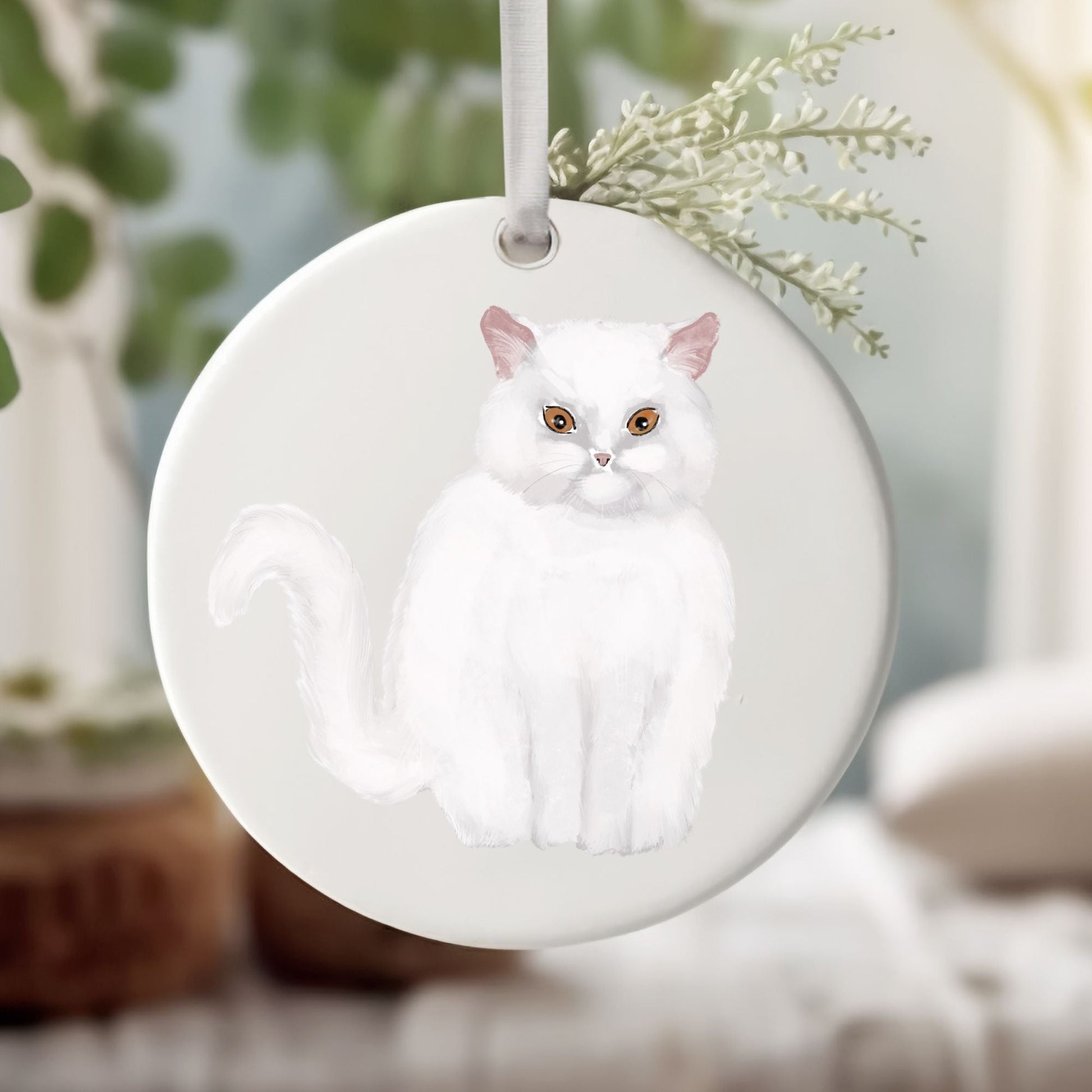 White Persian Cat Ceramic Ornament - MerikaArt