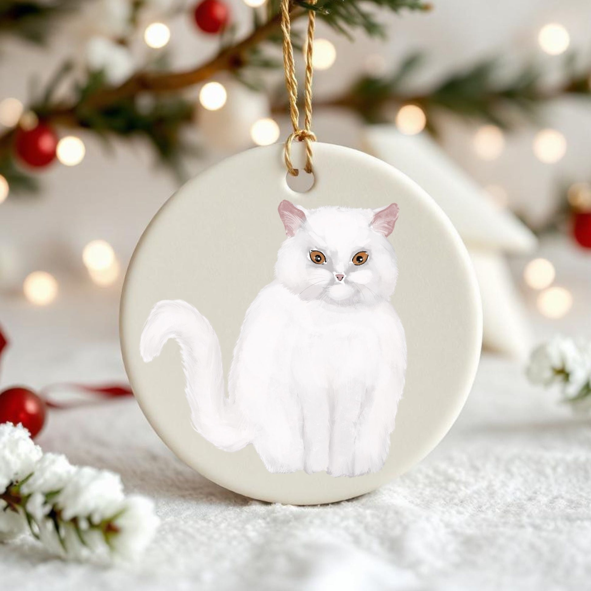 White Persian Cat Ceramic Ornament - MerikaArt