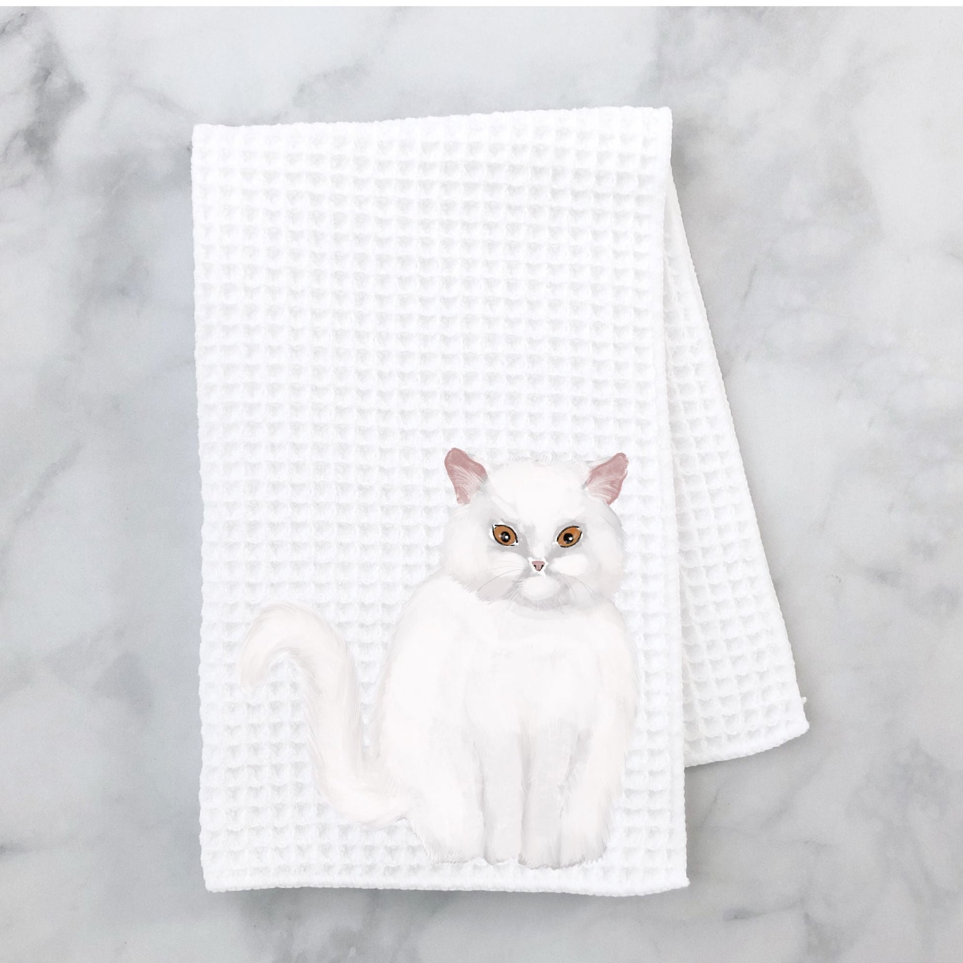 White Persian Cat Waffle Weave Kitchen Towel - MerikaArt
