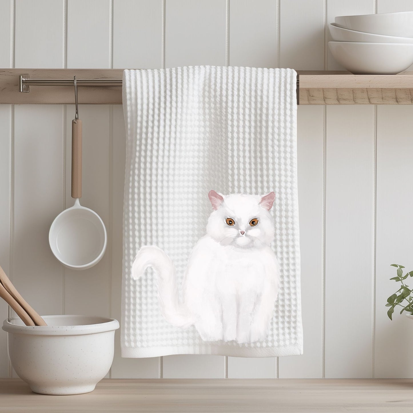 White Persian Cat Waffle Weave Kitchen Towel - MerikaArt
