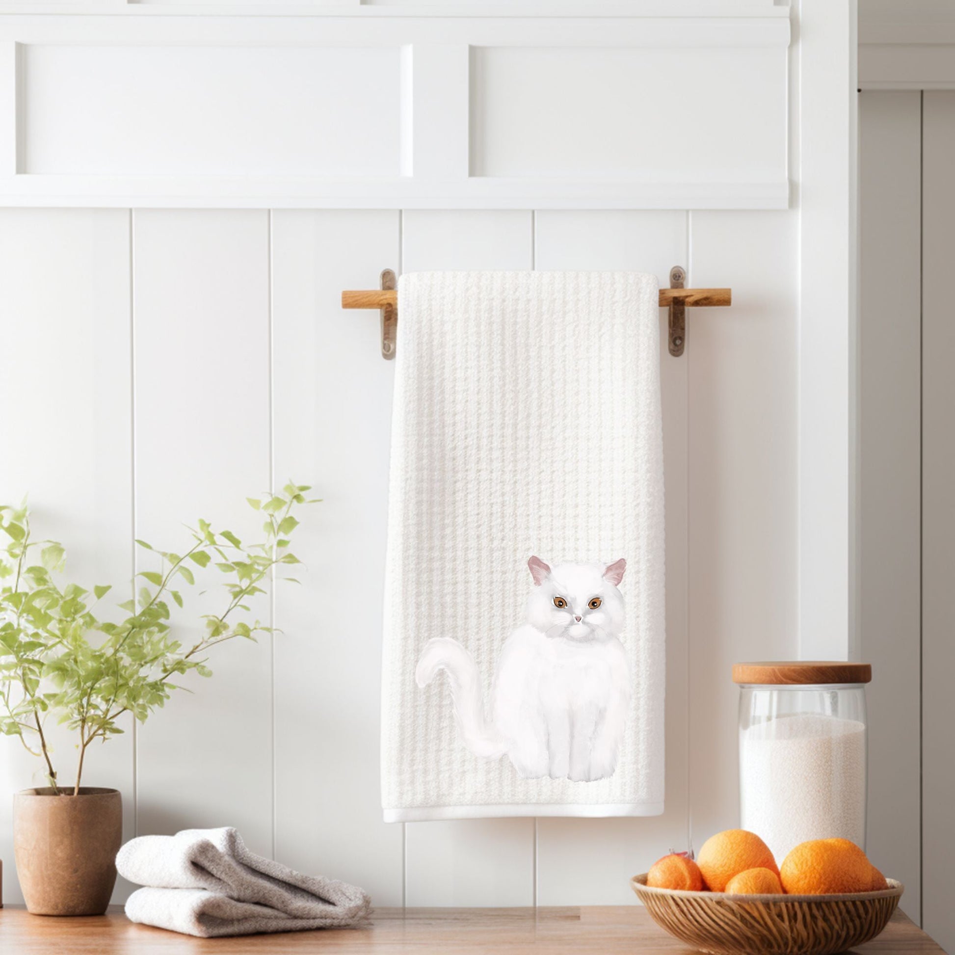 White Persian Cat Waffle Weave Kitchen Towel - MerikaArt