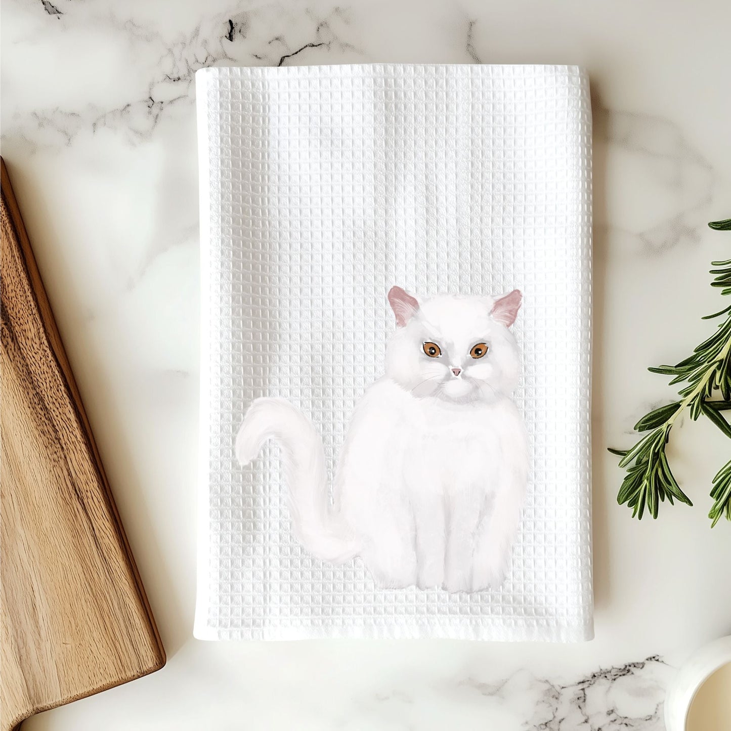 White Persian Cat Waffle Weave Kitchen Towel - MerikaArt