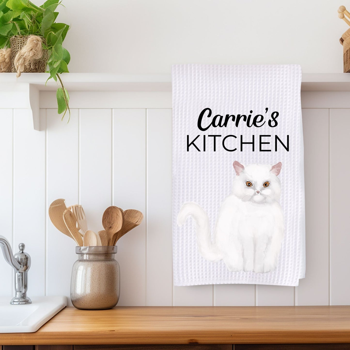 White Persian Cat Waffle Weave Kitchen Towel - MerikaArt