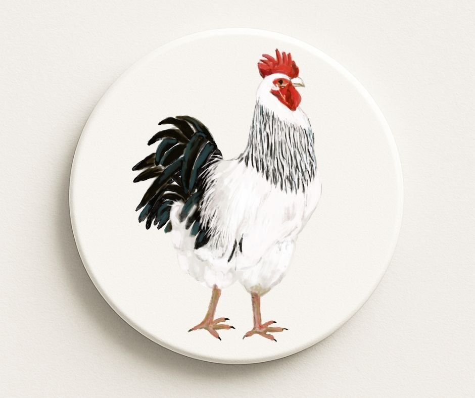 White Rooster Ceramic Coaster - MerikaArt