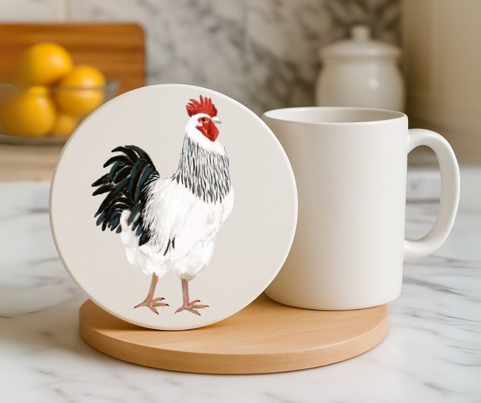 White Rooster Ceramic Coaster - MerikaArt