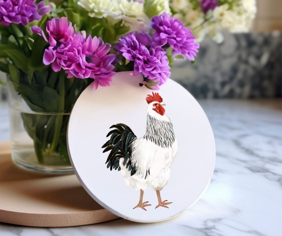 White Rooster Ceramic Coaster - MerikaArt