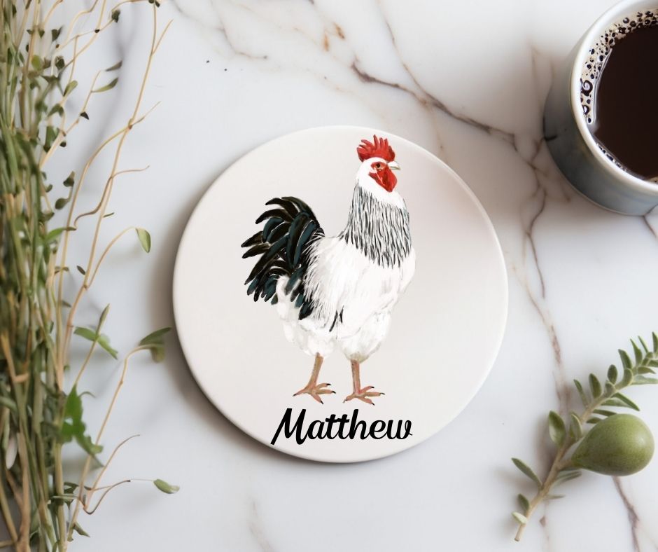 White Rooster Ceramic Coaster - MerikaArt