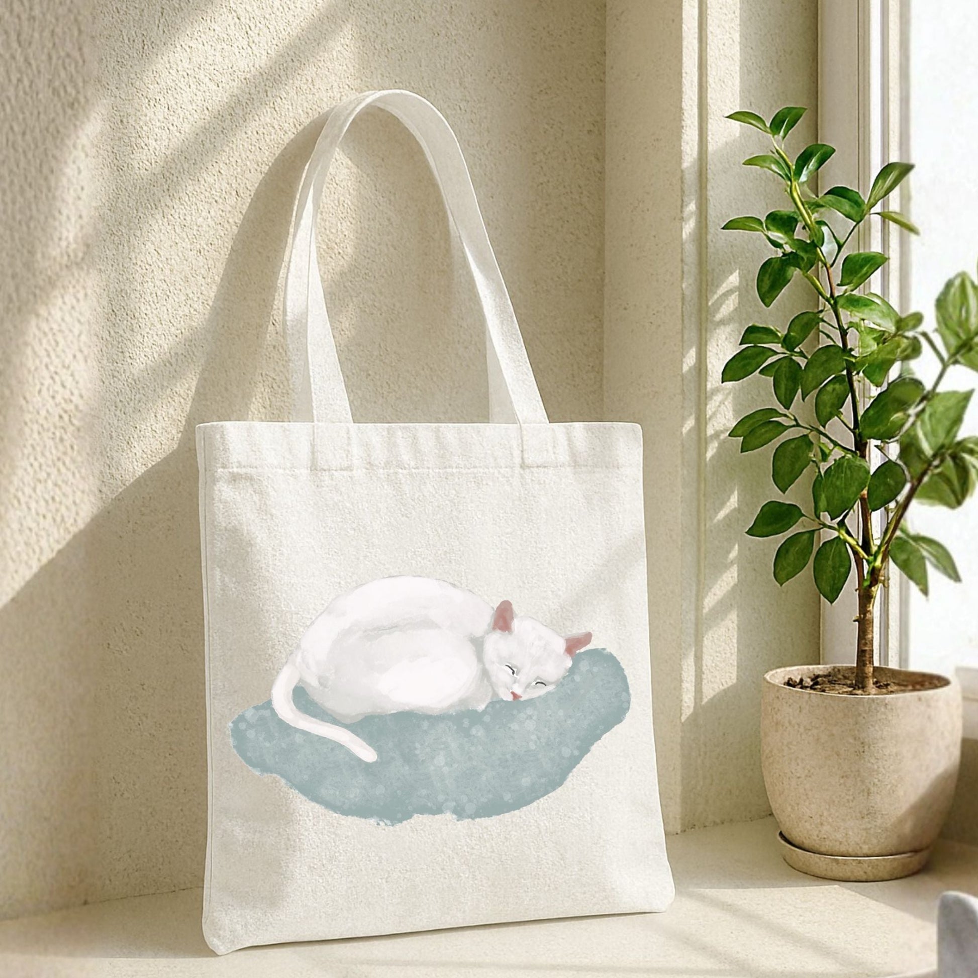 White Sleeping Cat on Soft Blue Cushion Illustration Canvas Tote Bag - MerikaArt