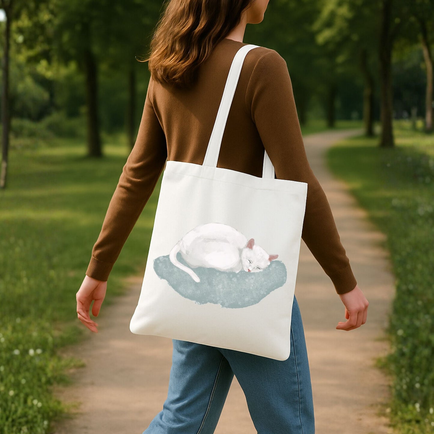 White Sleeping Cat on Soft Blue Cushion Illustration Canvas Tote Bag - MerikaArt