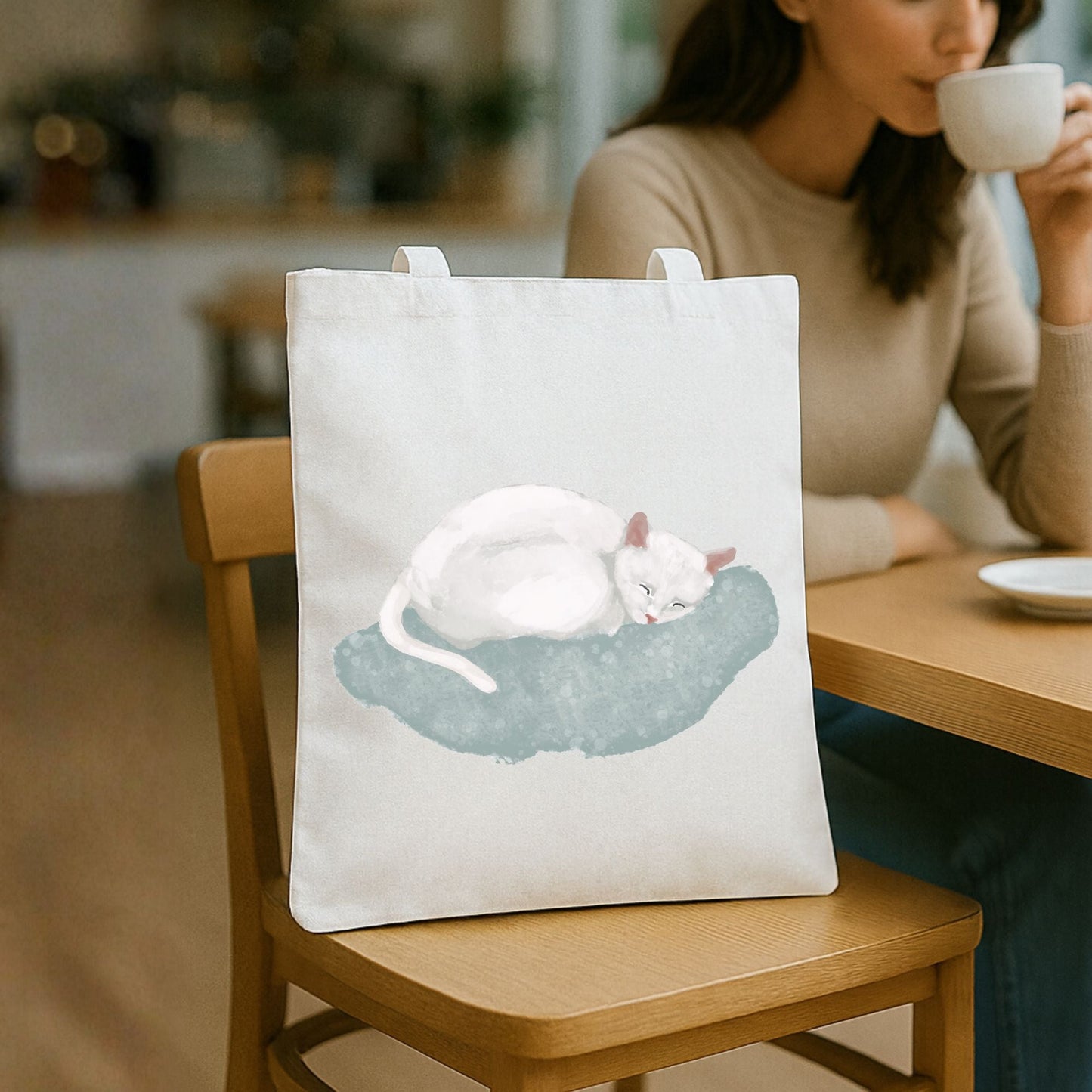 White Sleeping Cat on Soft Blue Cushion Illustration Canvas Tote Bag - MerikaArt