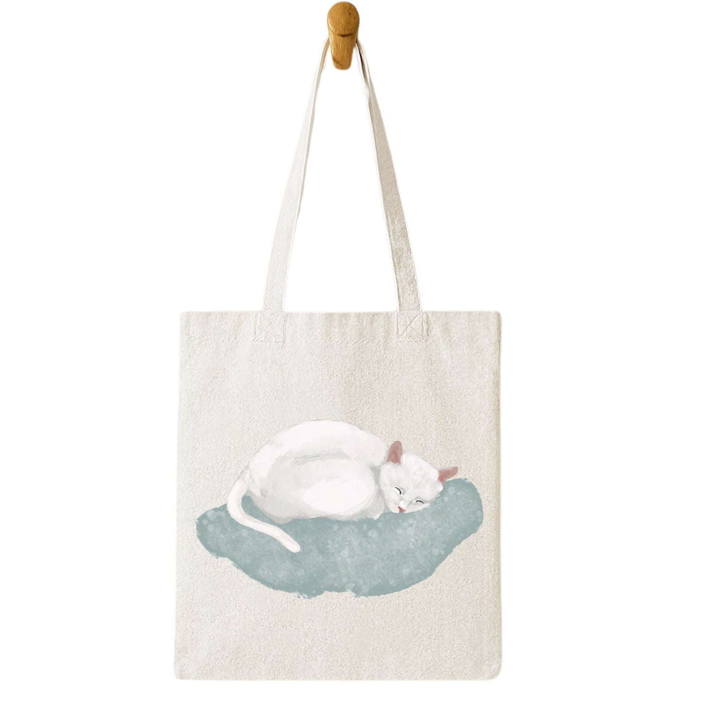 White Sleeping Cat on Soft Blue Cushion Illustration Canvas Tote Bag - MerikaArt