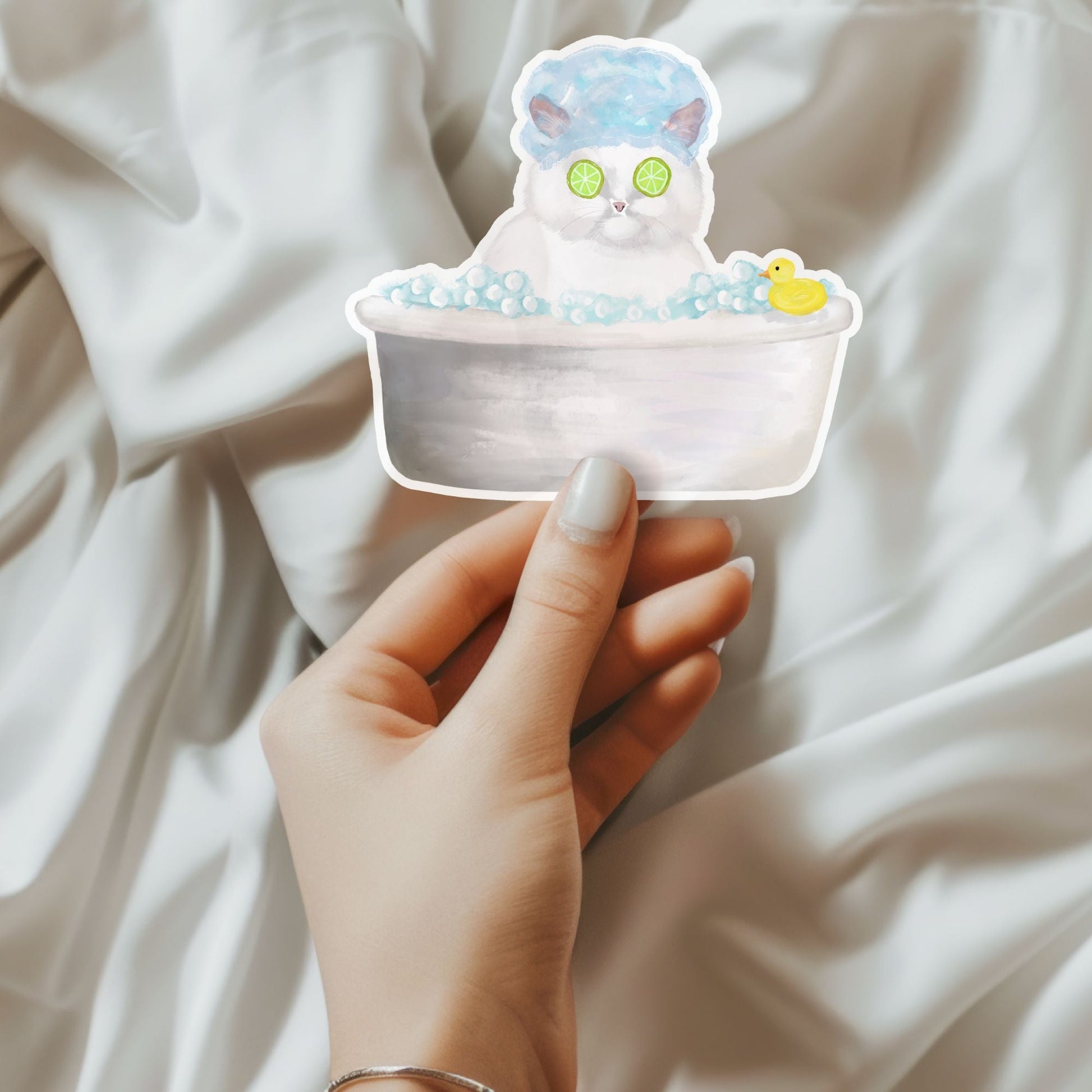 White Spa Cat Vinyl Sticker - MerikaArt