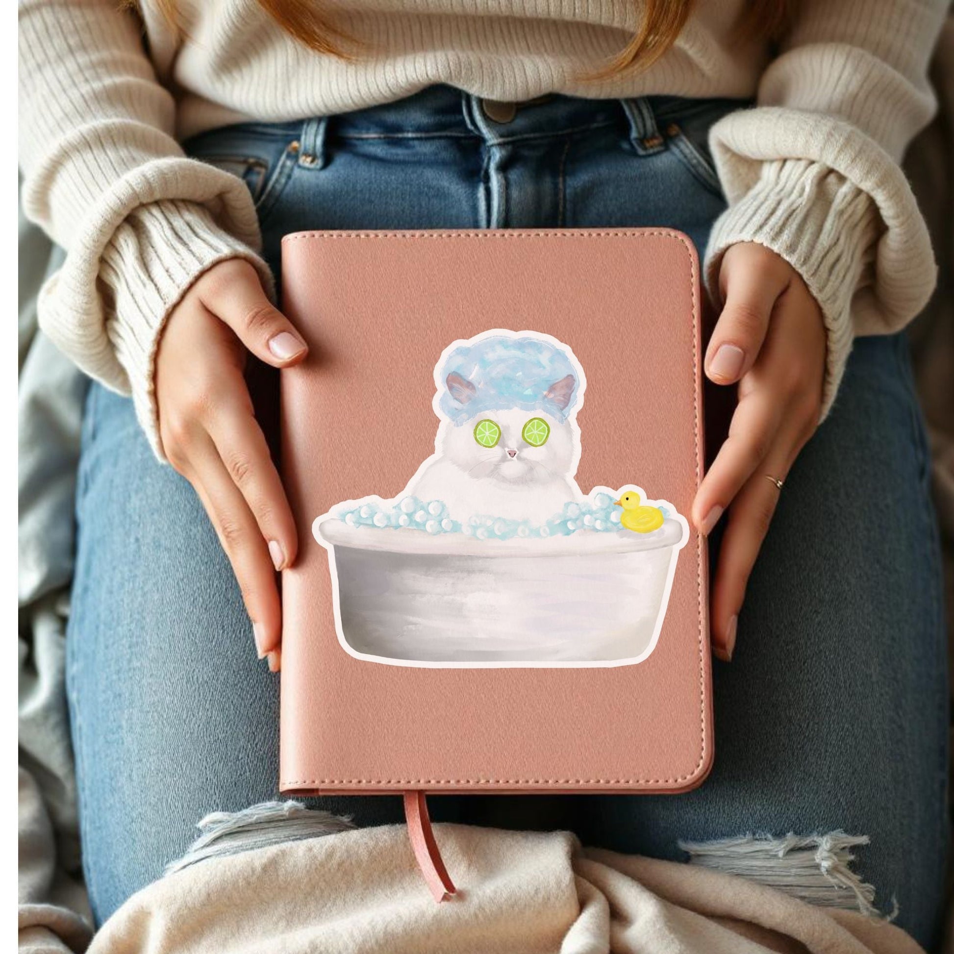 White Spa Cat Vinyl Sticker - MerikaArt