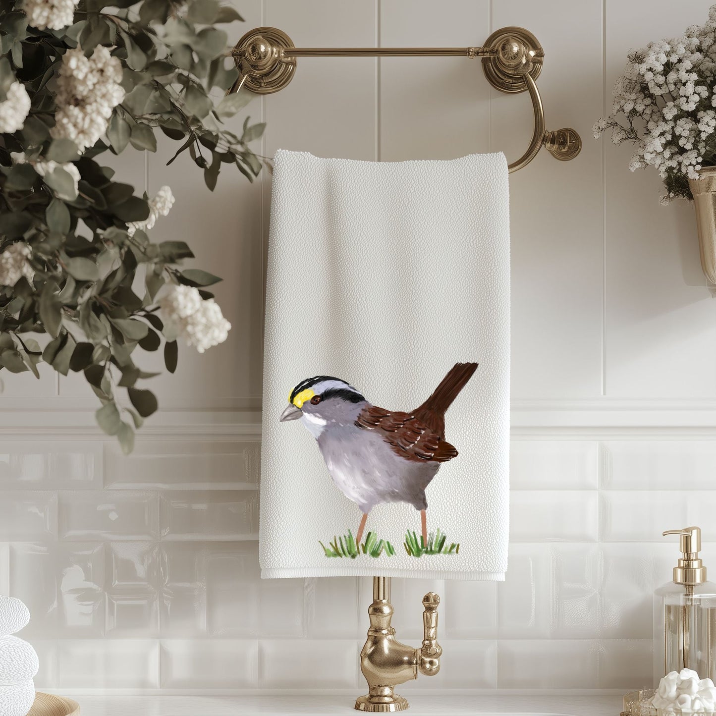 White - throated Sparrow Bathroom Towel - MerikaArt
