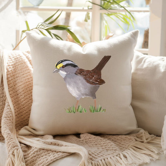 White - Throated Sparrow Bird Pillow - MerikaArt