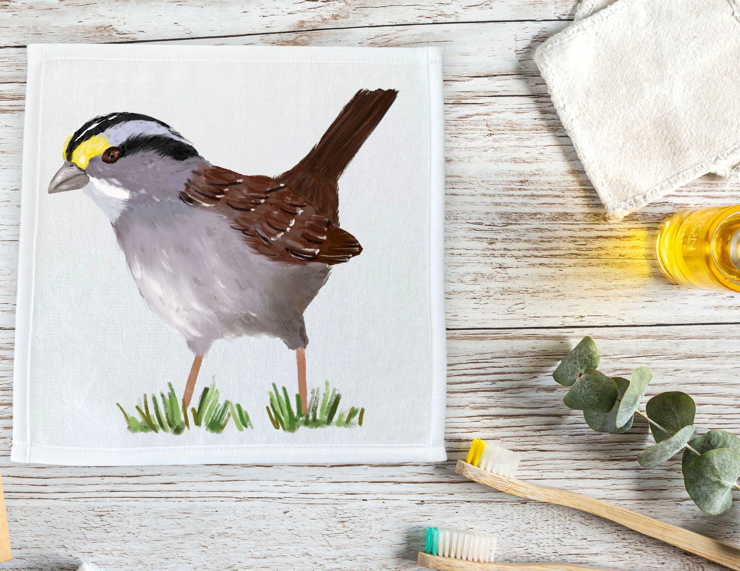 White - Throated Sparrow Bird Washcloth - MerikaArt