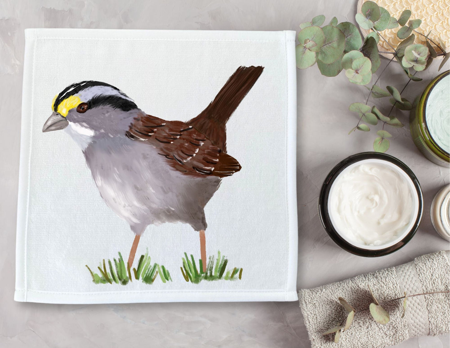 White - Throated Sparrow Bird Washcloth - MerikaArt