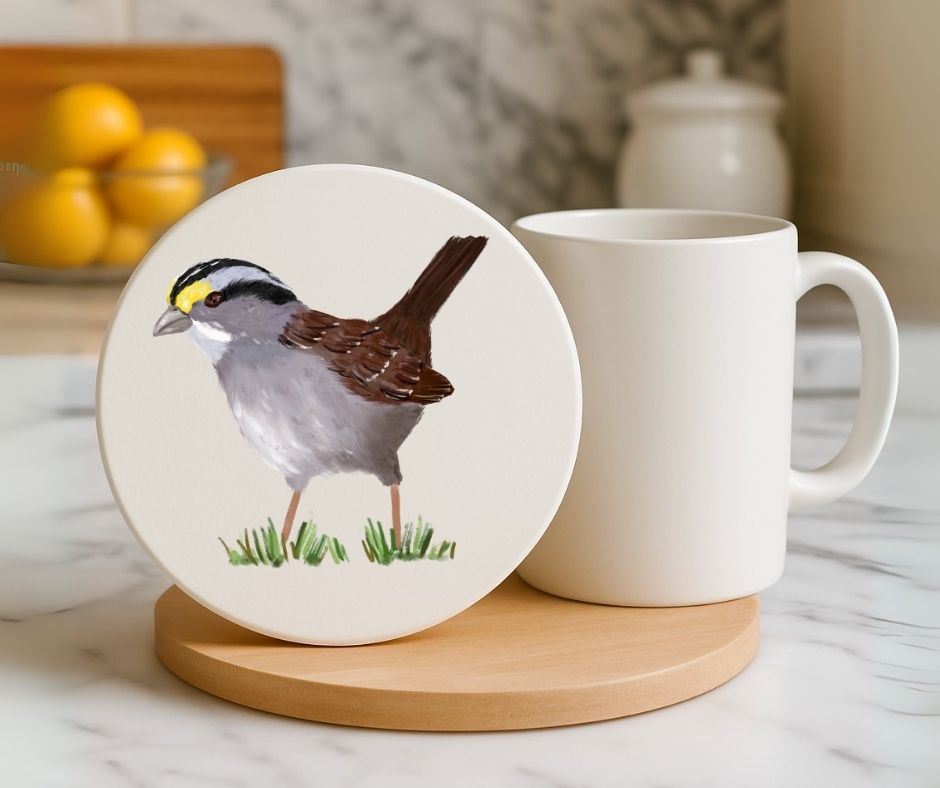 White - Throated Sparrow Ceramic Coaster - MerikaArt