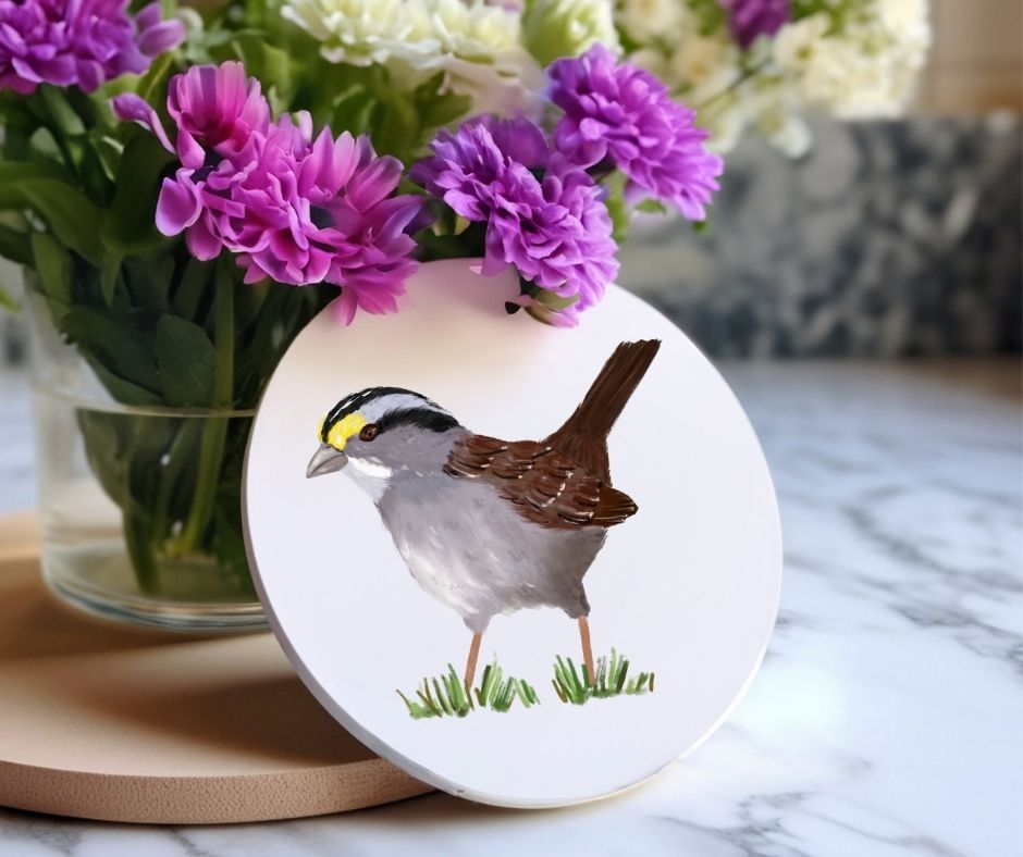 White - Throated Sparrow Ceramic Coaster - MerikaArt