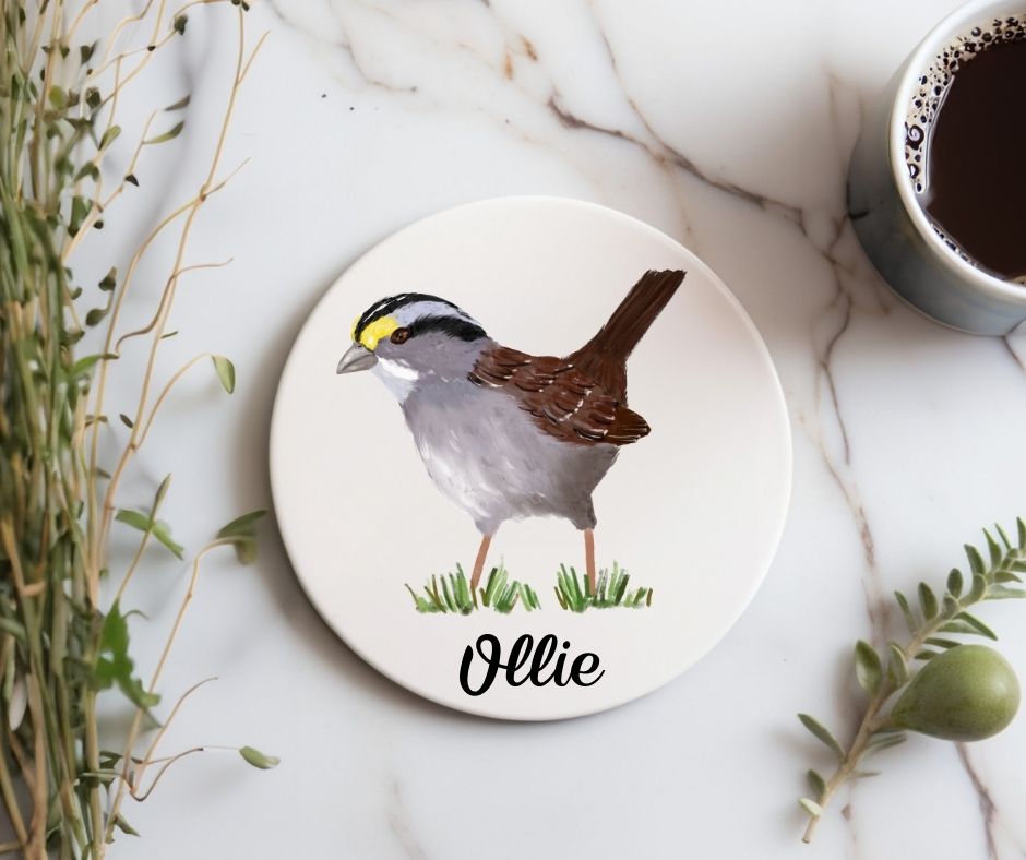 White - Throated Sparrow Ceramic Coaster - MerikaArt