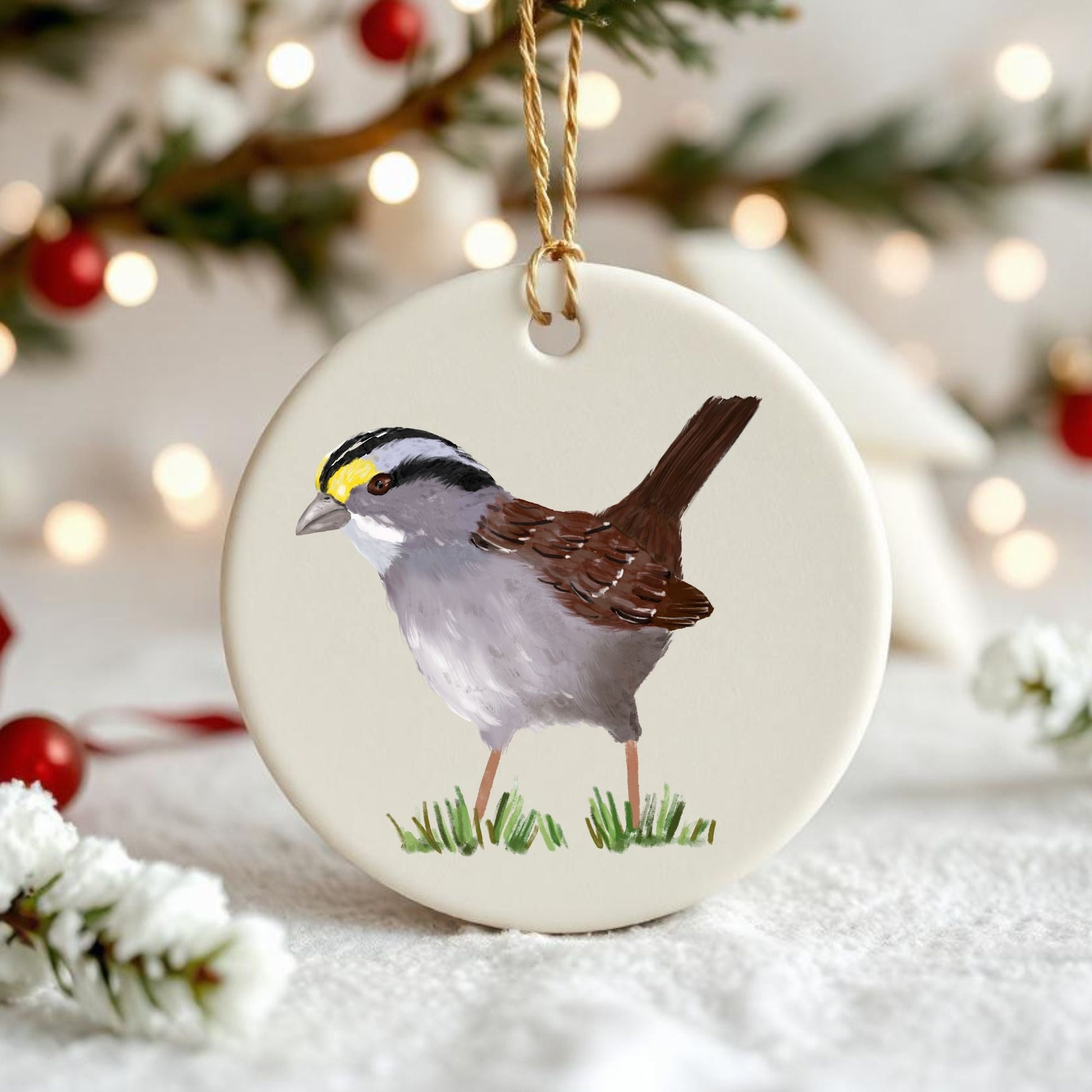 White - Throated Sparrow Ceramic Ornament - MerikaArt