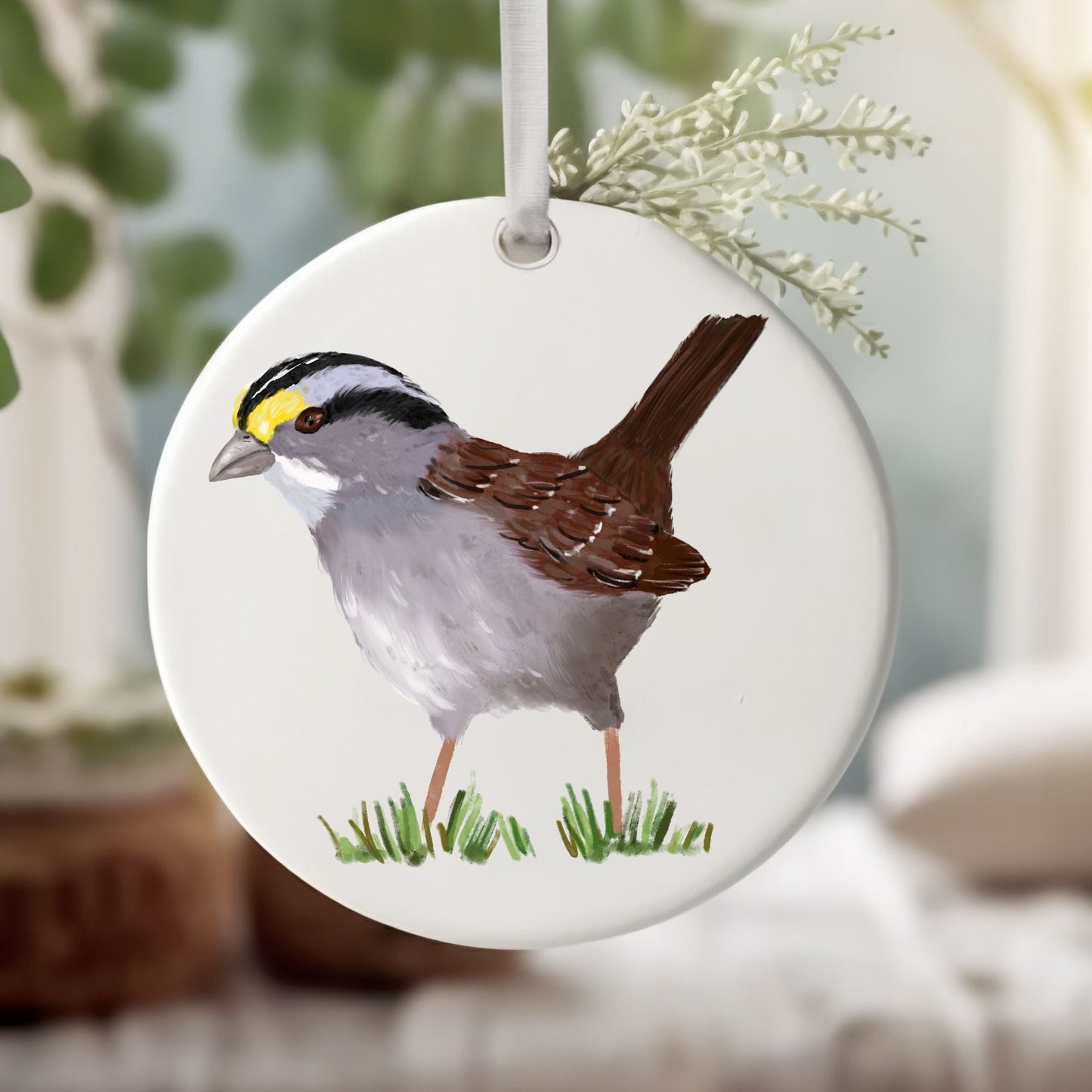 White - Throated Sparrow Ceramic Ornament - MerikaArt