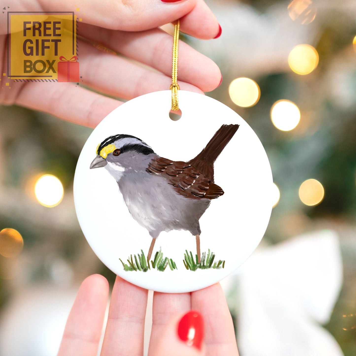 White - Throated Sparrow Ceramic Ornament - MerikaArt